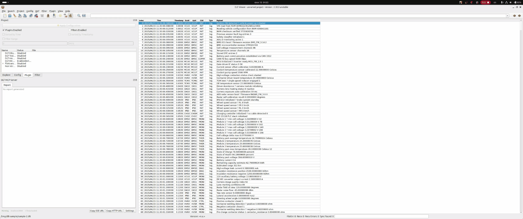 Plugin Demo: AI Agent querying DLT logs, opening a Markdown report widget, and clicking links to navigate the log window